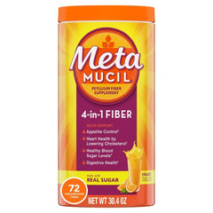Metamucil Psyllium Fiber Supplement 4-in-1 Fiber Made with Real Sugar Orange Flavor 72 tablespoons (30.4oz)