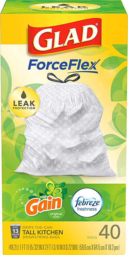 Glad Force Flex with Gain/Febreze 13 Gallon Drawstring Tall Bags 40ct