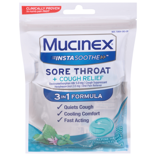 Mucinex InstaSoothe Sore Throat + Cough Relief Alpine Herbs & Fresh Mint Flavor Medicated Drops - 20 ct