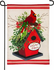 Evergreen Holiday Birdhouse Garden Burlap Flag